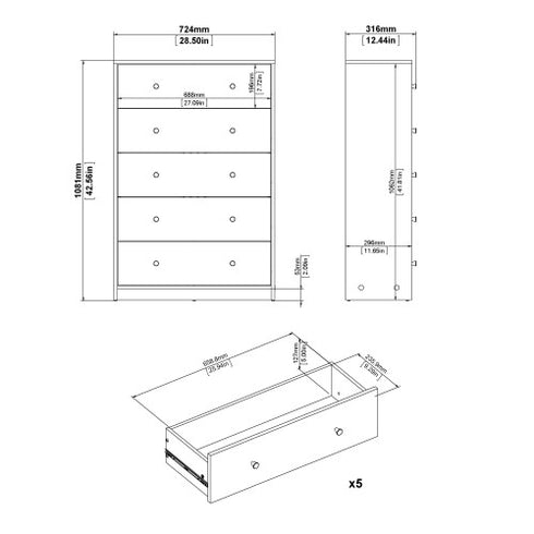 May Chest of 5 Drawers in White